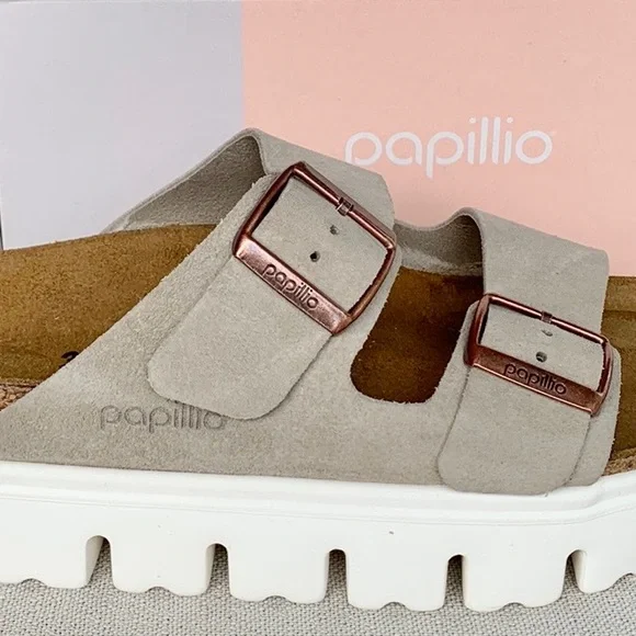 BIRKENSTOCK PAPILLIO Arizona Taupe Tan Suede Leather Chunky Platform Sandals - Picture 9 of 12